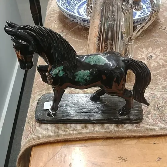 BLACK STONE CARVED HORSE - "GREEN" STONE INSET AF