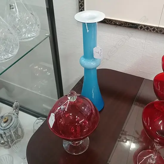 CRANBERRY GLASS LIDDED JAR & BLUE RETRO VASE