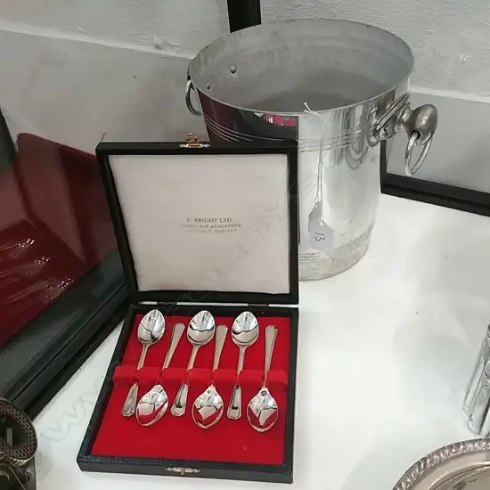 ALUMINIUM ICE BUCKET & CASED TEASPOONS
