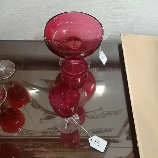 CRANBERRY GLASS COMPORT & 2 GLASSES