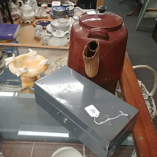 CASH TIN-BIRD BATH-ENAMEL TEAPOT