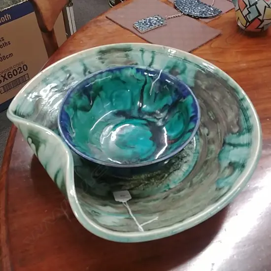 LARGE TURQUOISE PLATTER & BLUE AND TURQ. BOWL