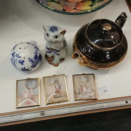 3 DRAWINGS ON BRASS FRAMES+ 3 CHINA CAT, T/POT,ETC