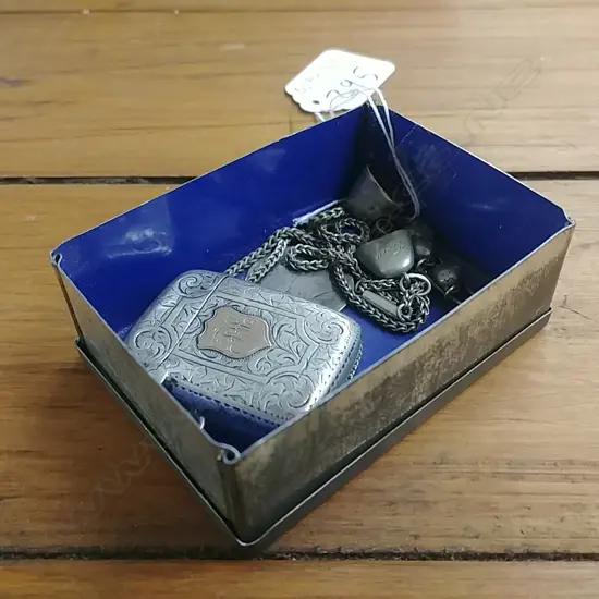 TIN MISC.-OLD COIN-CHAIN-SIL.VESTA-ETC