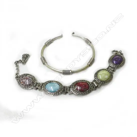 SILVER BANGLE & MULTICOLOURED STONE BRACELET