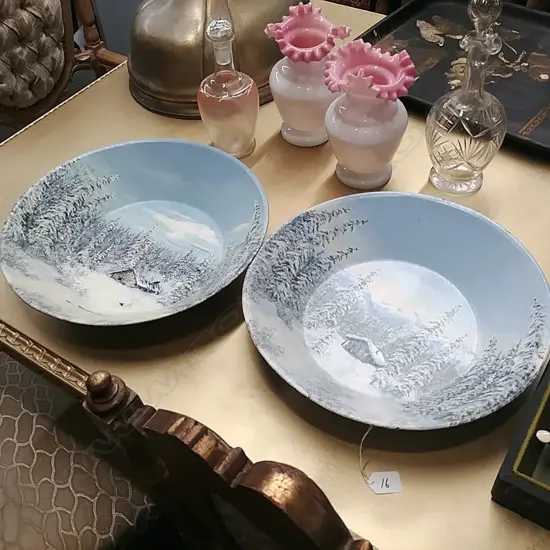 PR HDPAINTED CHALET SCENE ON GOLD PAN DISHES