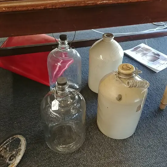 2 CROCKS +2 GLASS BOTTLES