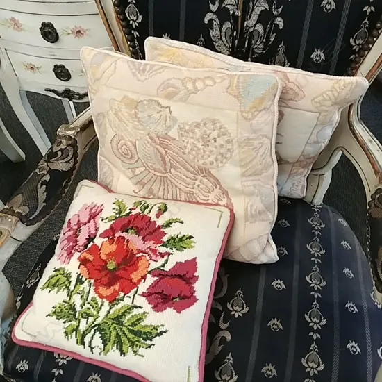 3 TAPESTRY CUSIONS  POPPIES,SEASHELLS, BUTTERFLIES