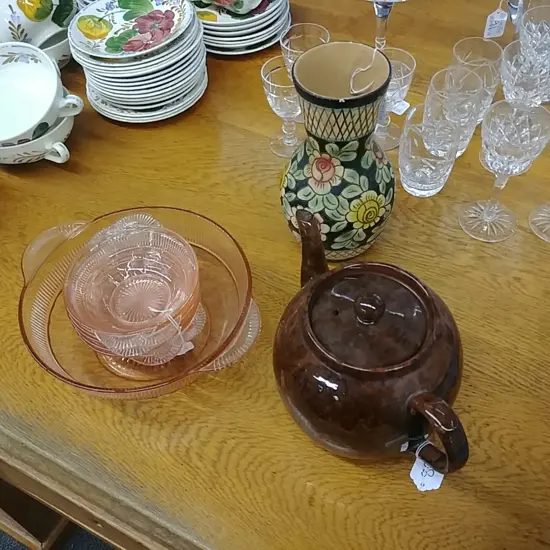 7PC PINK GLASS DESSERT SET+TEAPOT+VASE