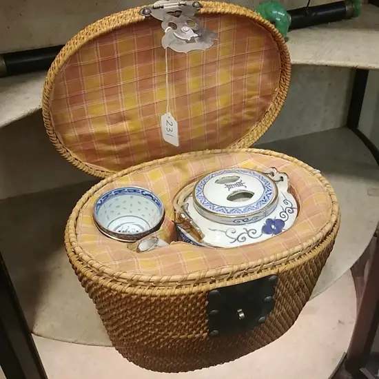 CHINESE   TEA SET  WITH CANE BASKET
