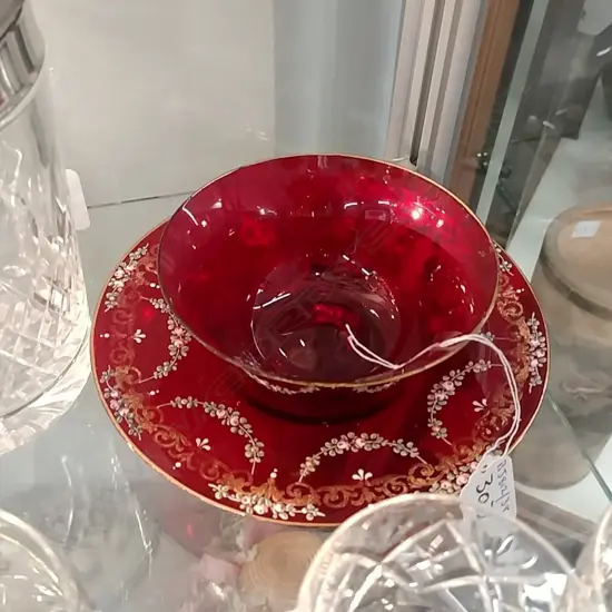 ITALIAN RED GLASS DISH & CRYSTAL ICE BUCKET