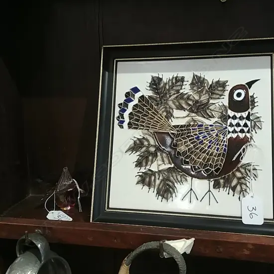 MAJOLICA FRAMED TILE & HOGLUND GLASS BIRD