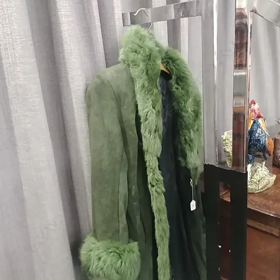 GREEN DEER SKIN COAT W FAUX FUR TRIM