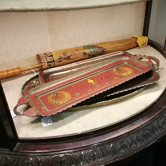 3 BRASS TRAYS (2 INDIAN BENARES) & PAPER PARASOL
