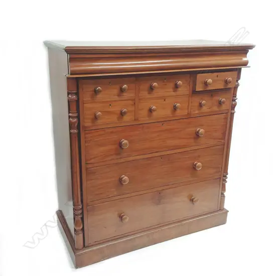 A Victorian mahogany Scotch chest with a single slender bombe drawer across the top