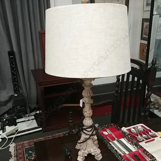 TABLE LAMP & SHADE - WOOD BASE