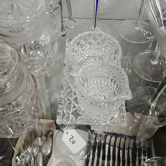 3 PICKLE JARS & CREAM SUGAR ON TRAY