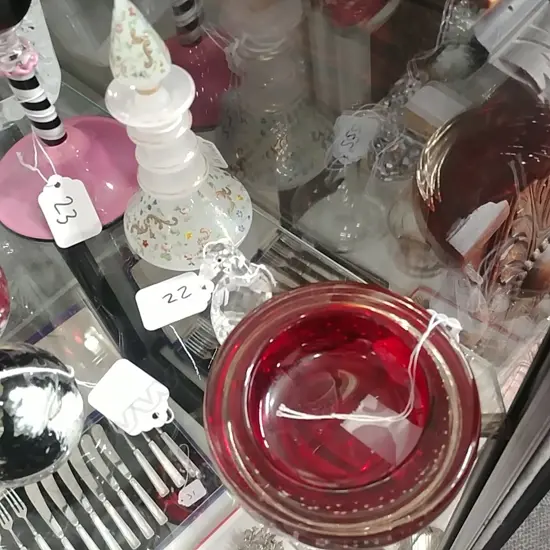 VIC.GLASS SCENT BOTTLE-SWAR.BIRD-VINT.GLASS BOWL