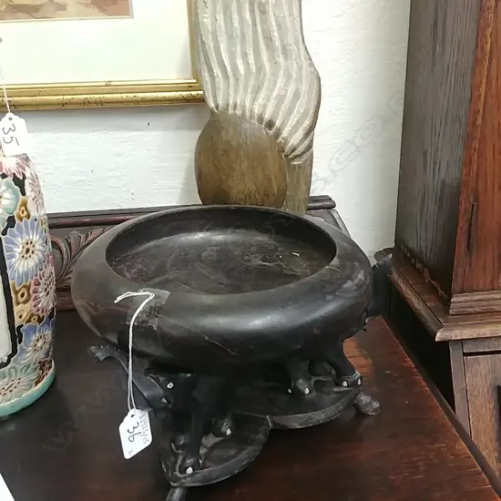 WOOD BOWL ON ELEPHANTS STAND & SOAPSTONE SCULPTURE