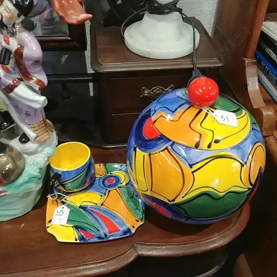 AUSTRALIAN COLOURFUL POTTERY LIDDED POT+TENNIS SET