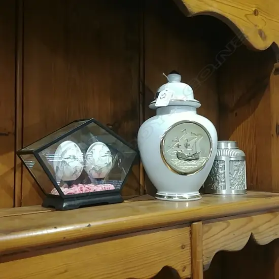 PAINTED EGGS IN DISPLAY + GINGER JAY+PEWTER JAR 