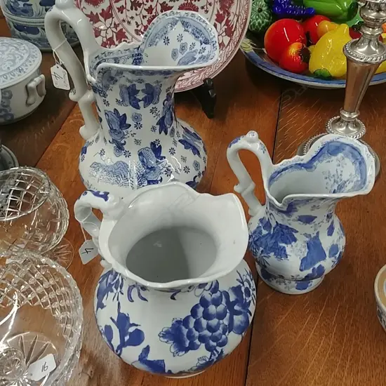 3 BLUE AND WHITE JUGS