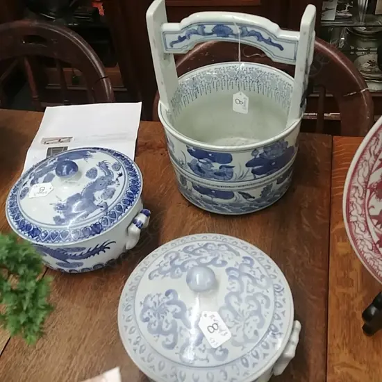 3 B/WHITE TUREENS+ BASKET