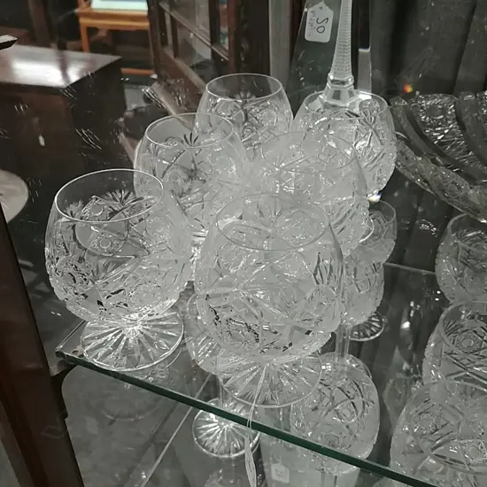 6 BOHEMIAN CUT CRYSTAL BRANDY GLASSES