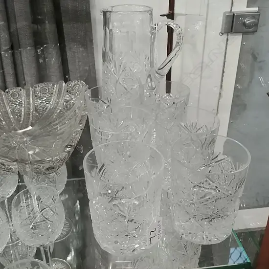 6 BOHEMIAN CUT WHISKY GLASSES & WATER JUG