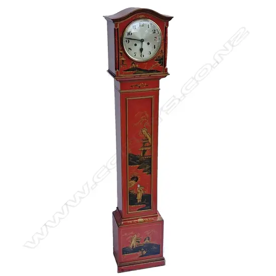 A red lacquer chinoiserie cased grandmother clock