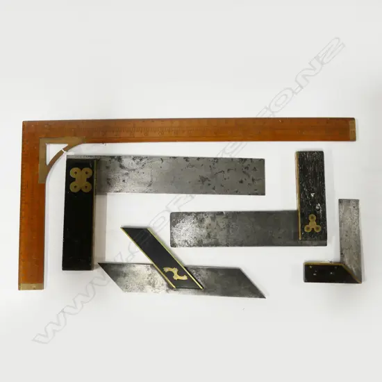 Rabone & Sons wooden square rule 12/24"; three ebony & steel set squares and a mitre square (5)