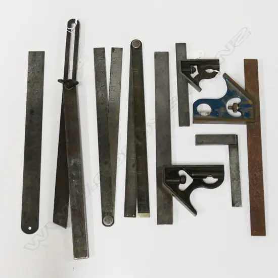 Three adjustable squares; small set square; sliding angle gauge, three metal rules (2 folding). (8)