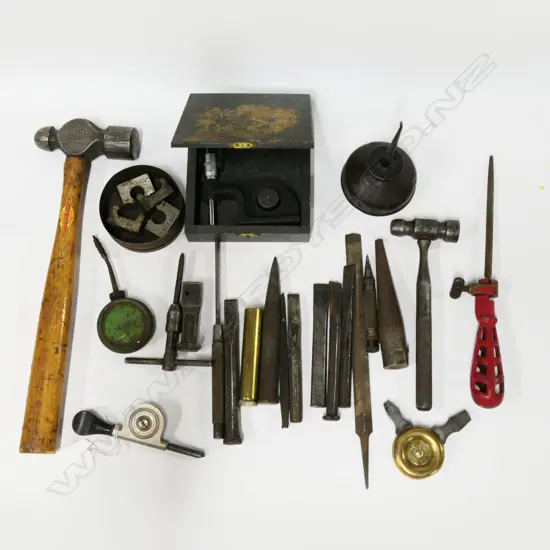 Two ball peen hammers & selection of engineering tools incl. Starrett speed gauge