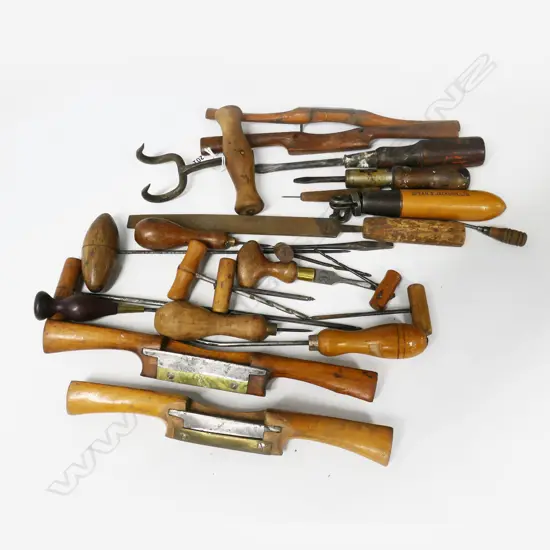 Collection of various awls, spokeshaves, bale hooks, T-handle borers, screwdrivers, etc.