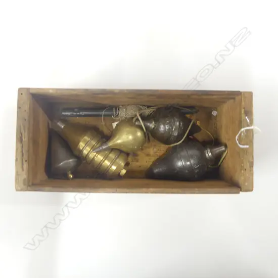 Five brass/steel plumb bobs