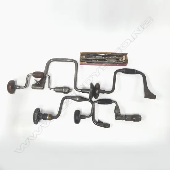 Five drill braces and box of assorted bits, reamer and driver