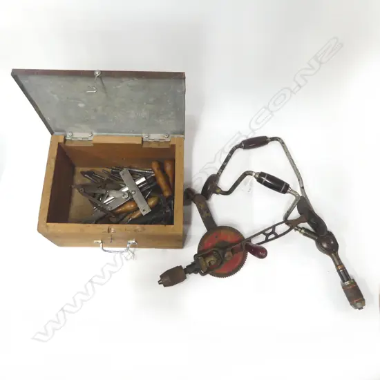 Drill brace, chest plate hand drill and box of various reamers, bits, etc. plus Stanley No. 30 angle divider