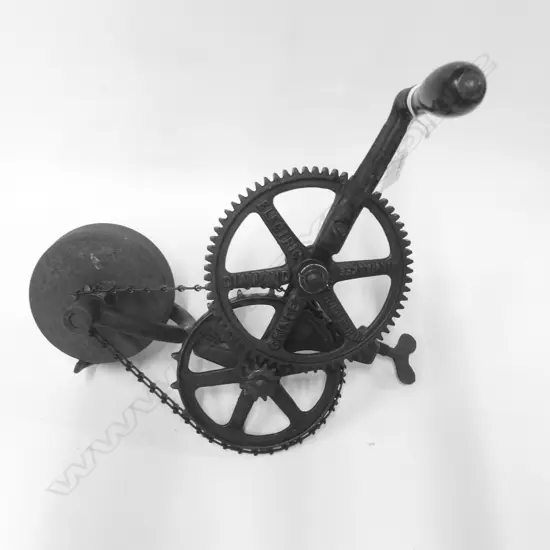 Luther Bros. Co., Milwaukee hand cranked geared bench mounted grinder wheel