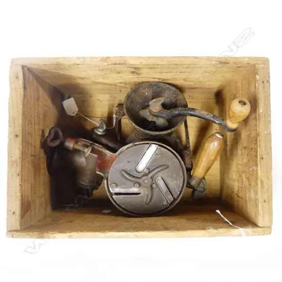 Three old bench mounted kitchen mincers/slicers