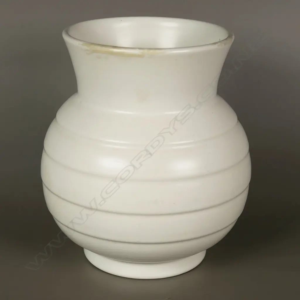 Crown Lynn cream hand potted vase of squat baluster shape with horizontal rings, Image 1++