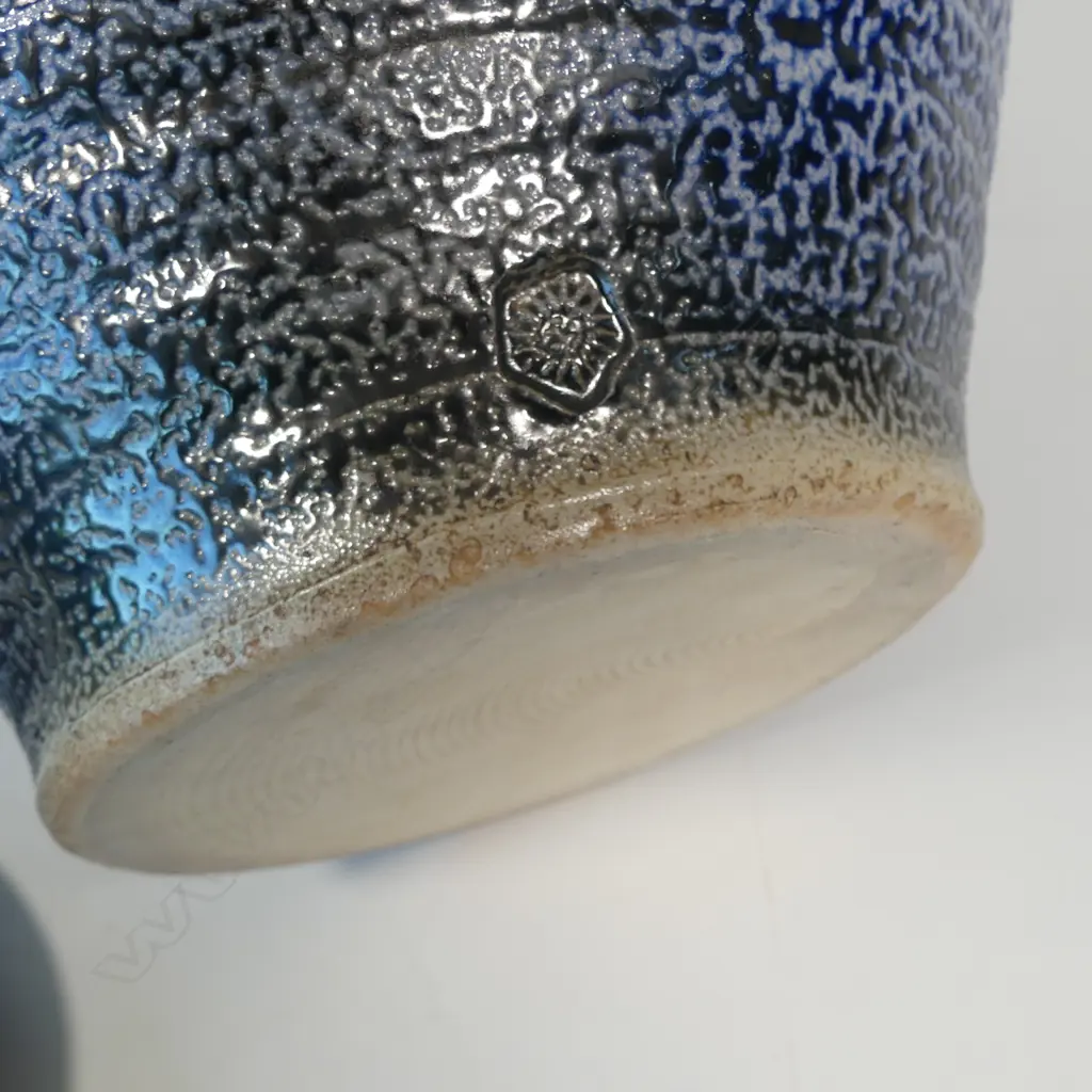Mirek Smisek (1925–2013) substantial salt glazed lidded storage jar, deep blue glaze with band of repeating cut design around the shoulder. Maker's stamp lower side. A good well glazed example of his larger work. H.440mm. Image 1++