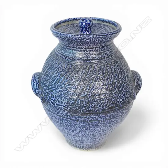 Mirek Smisek (1925–2013) substantial salt glazed lidded storage jar, deep blue glaze with band of repeating cut design around the shoulder. Maker's stamp lower side. A good well glazed example of his larger work. H.440mm.