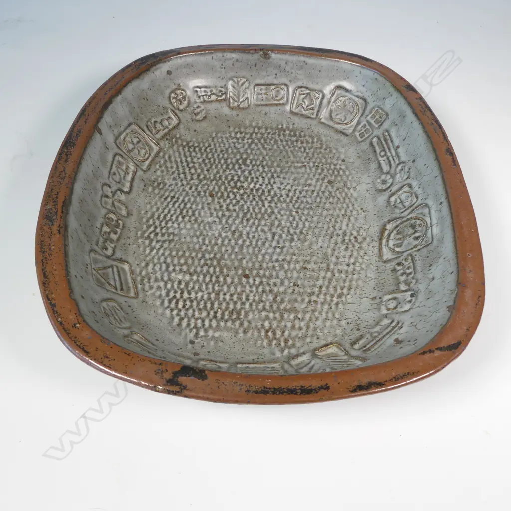 Len castle large rectangular form dish with impressed motifs similar to those used by Theo Schoon, Image 1++