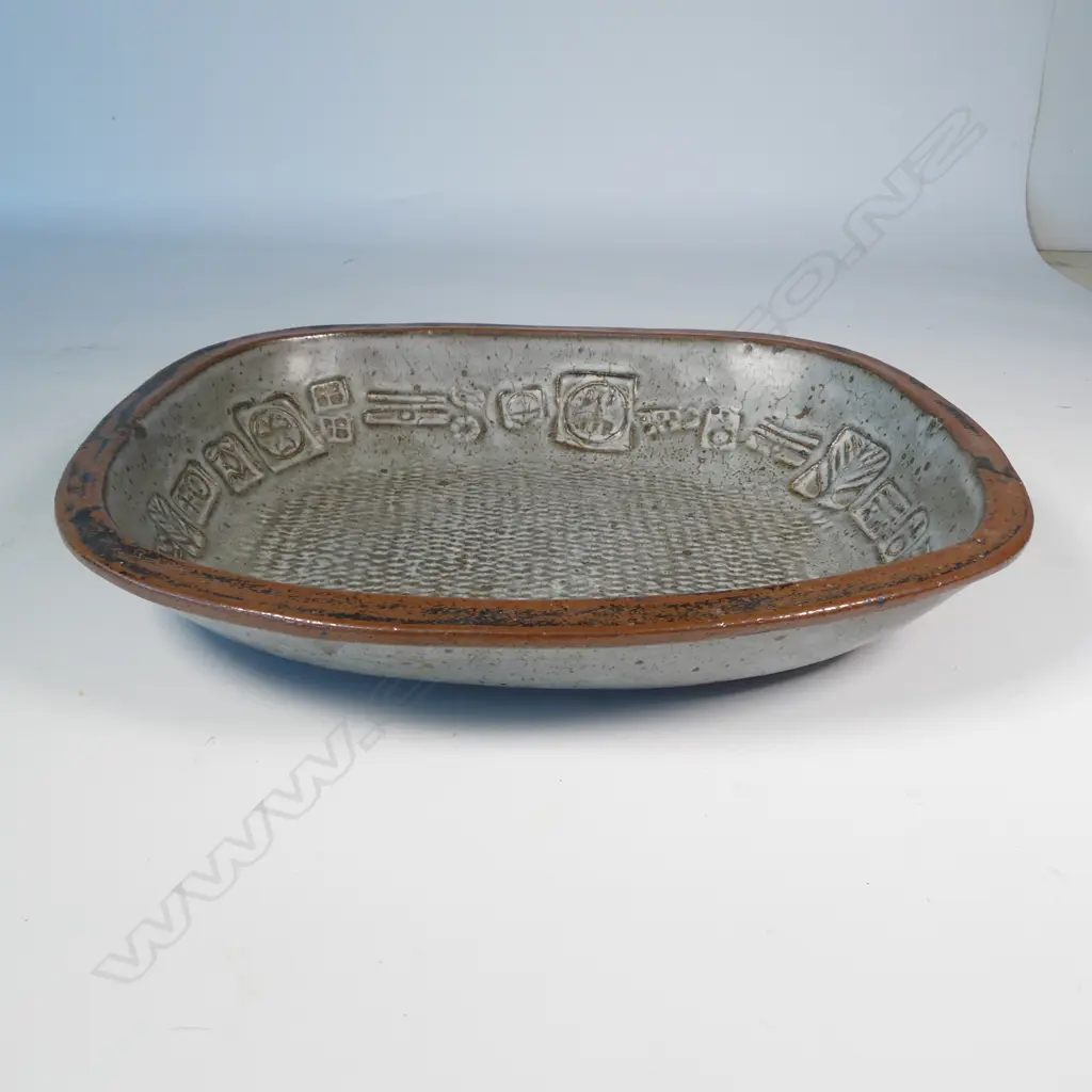 Len castle large rectangular form dish with impressed motifs similar to those used by Theo Schoon, Image 1++