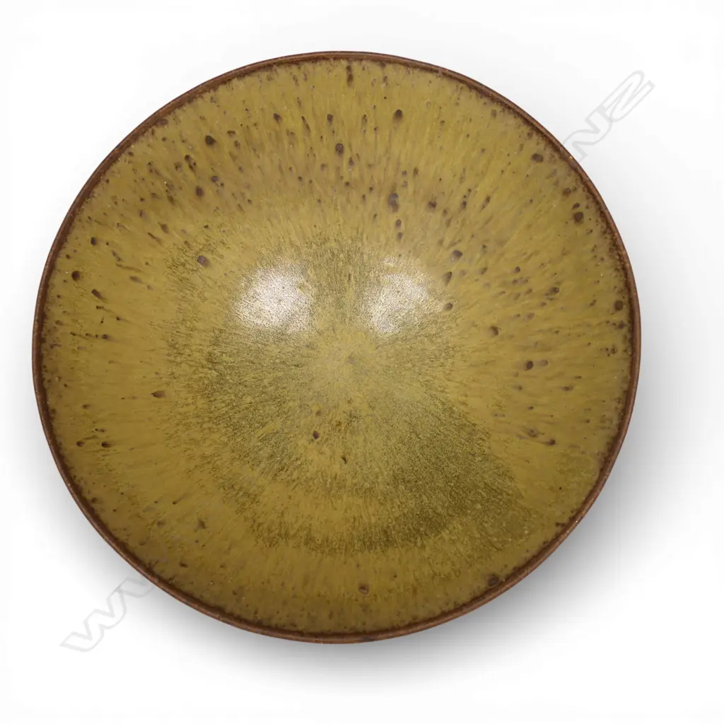 Len Castle (1924-2011) large wide bowl with internal radiating olive-green glaze, glazed and unglazed grogged exterior. Maker's stamp to lower side. Dia.260mm. Image 1++