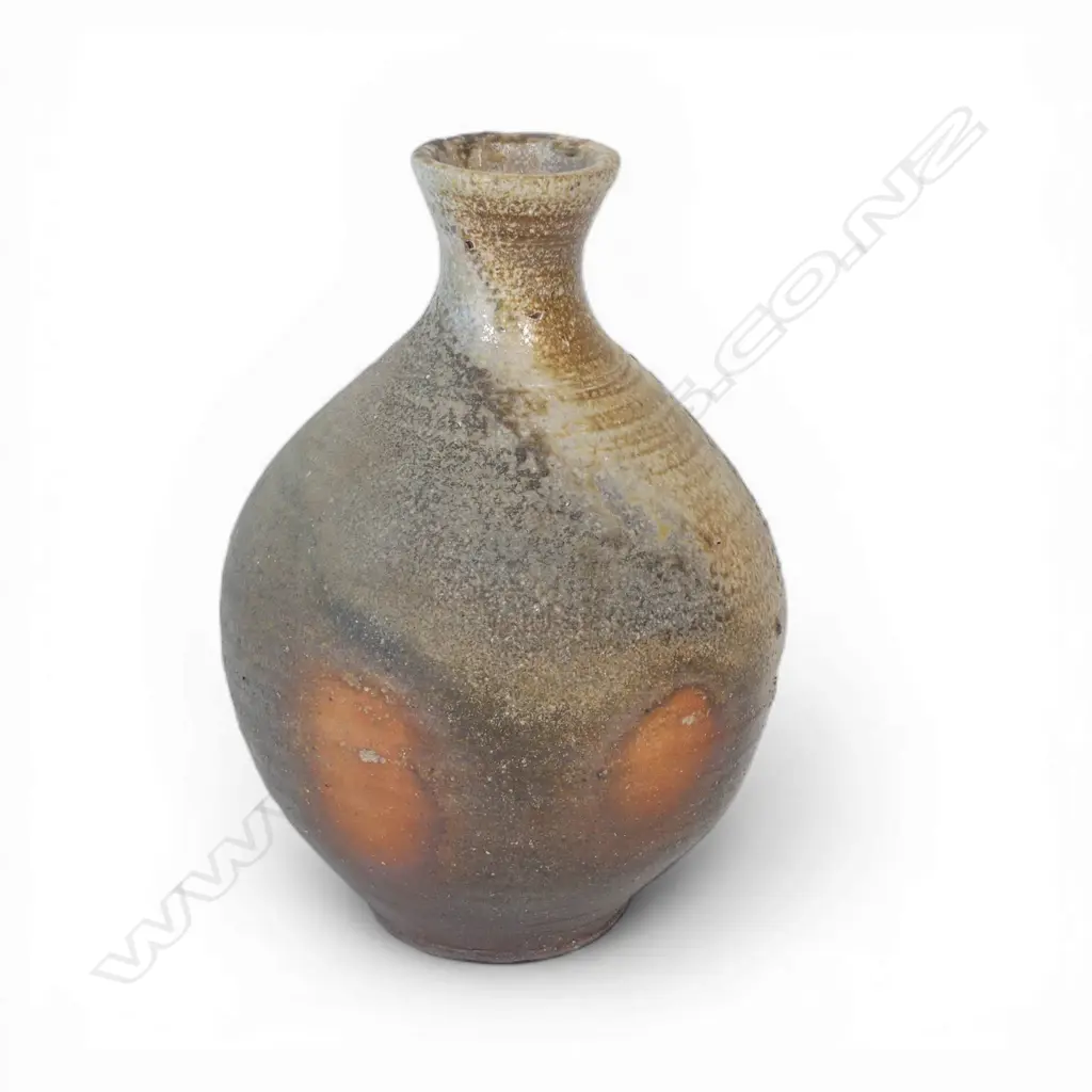 Estelle Martin anagama fired vase with a pale gloss glaze across the neck and shoulder, H.260mm. Incised potter's mark to base Image 1++