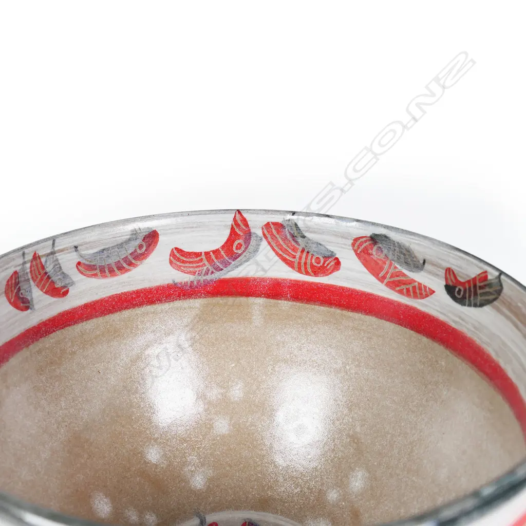 Anneke Borren fish decorated bowl, glazed and paint decorated interior, unglazed exterior with incised and painted decoration. Potter's mark to base, dated 2025. H.145 Dia.240mm. Ex. Anneke Borren Collection. Image 1++