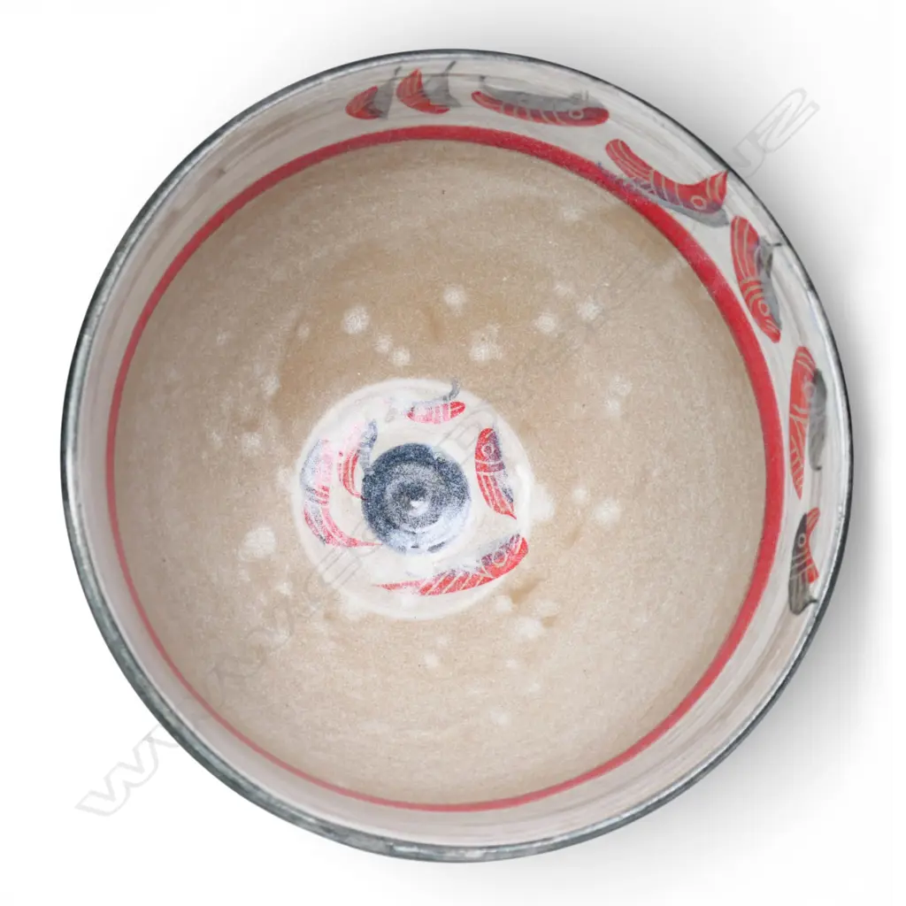 Anneke Borren fish decorated bowl, glazed and paint decorated interior, unglazed exterior with incised and painted decoration. Potter's mark to base, dated 2025. H.145 Dia.240mm. Ex. Anneke Borren Collection. Image 1++