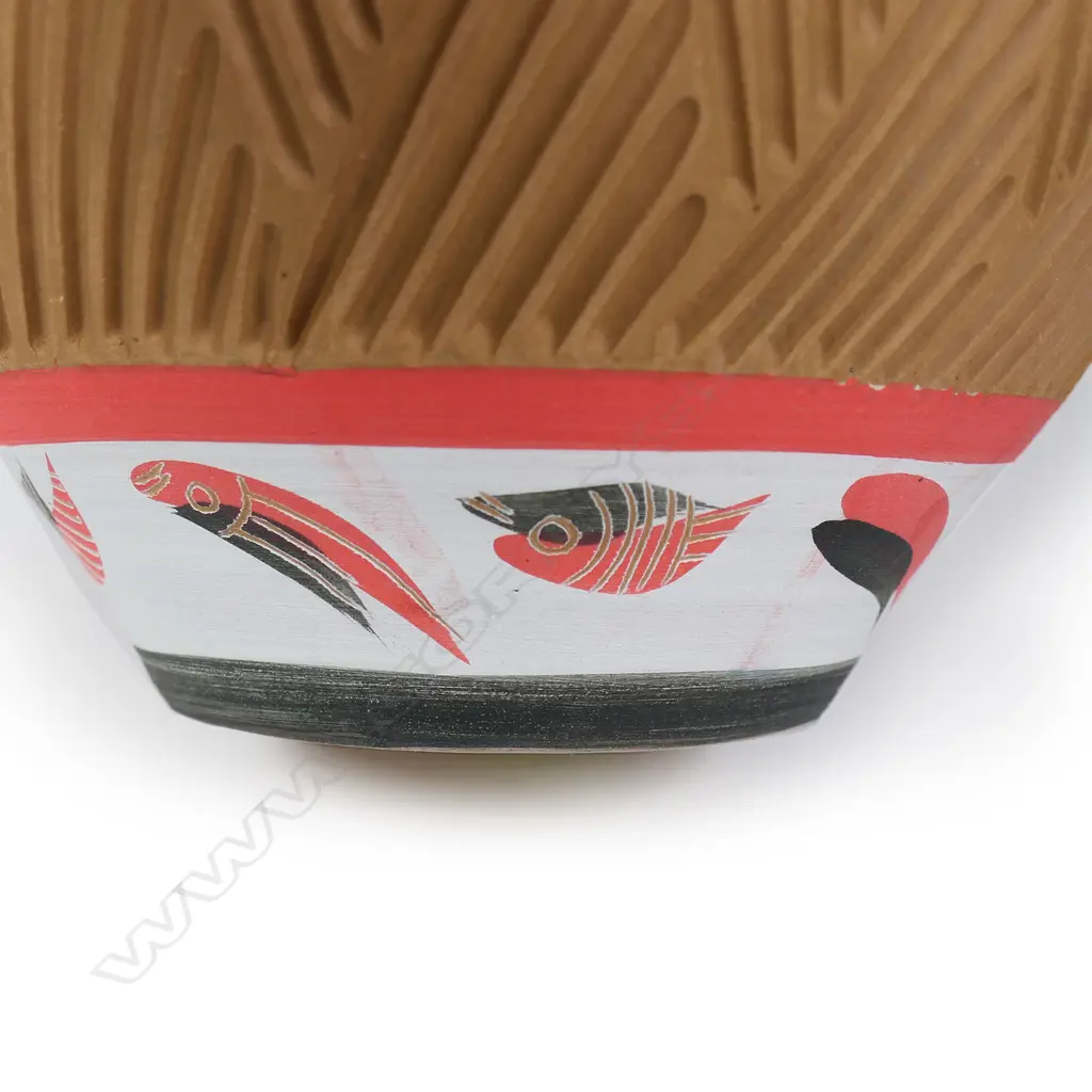 Anneke Borren fish decorated bowl, glazed and paint decorated interior, unglazed exterior with incised and painted decoration. Potter's mark to base, dated 2025. H.145 Dia.240mm. Ex. Anneke Borren Collection. Image 1++