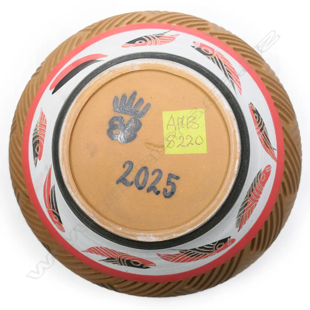 Anneke Borren fish decorated bowl, glazed and paint decorated interior, unglazed exterior with incised and painted decoration. Potter's mark to base, dated 2025. H.145 Dia.240mm. Ex. Anneke Borren Collection. Image 1++